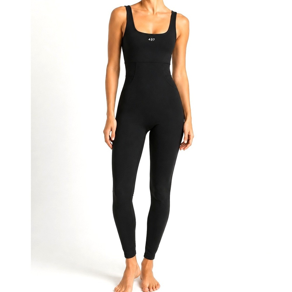 437 Jumpsuit Women XS Black Four Three Seven Activewear Ruched Scrunch Unitard